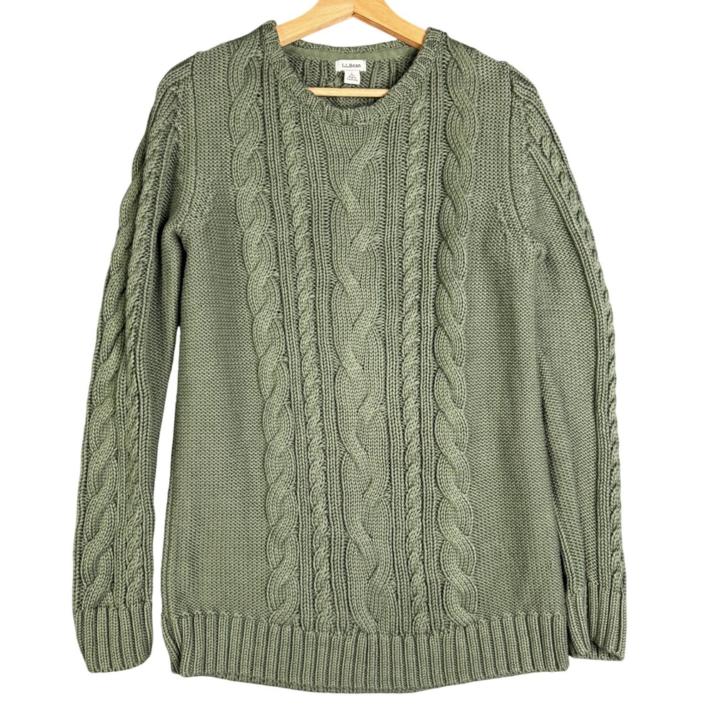 L.L. Bean Cable Knit Sweater Green 100% Cotton Tall Large Crew Neck Long Sleeve